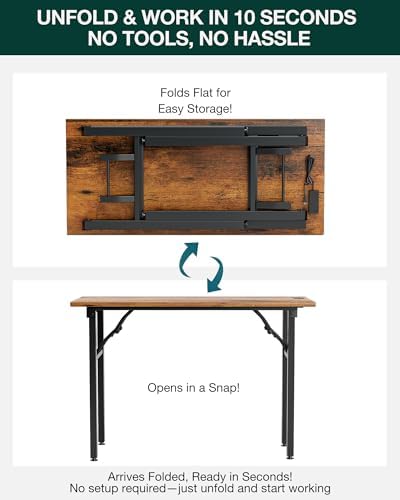 Frylr Small Folding Computer Desk – 43.3 Inch Portable Table for Craft and Study, Lightweight Desk for Small Spaces, Foldable Laptop Table Built-in AC/USB Outlets for Convenience, Rustic Brown - Image 3