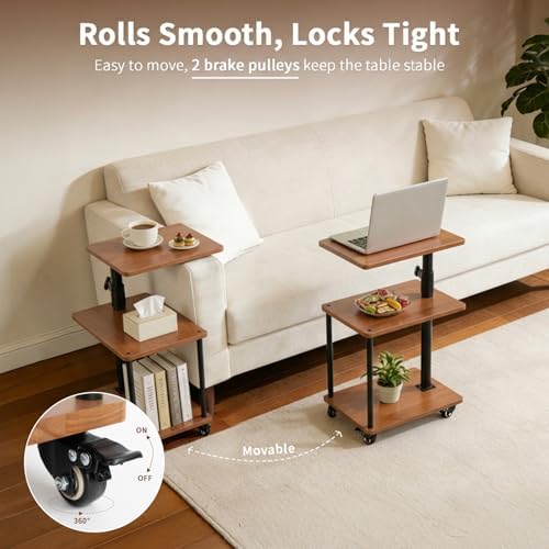 Rolling Side Table with Wheel for Living Room, Adjustable Height Swivel End Table for Different Seating Types, Ideal for Couch, Sofa, Recliner and Living Room, Natual Solid Wood - Image 3