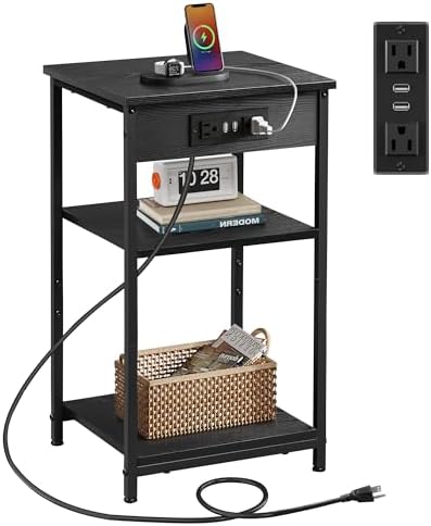 WLIVE Black End Table with Charging Station, Slim Night Stand with 3 Storage Shelves, Small Side Tables for Small Spaces, Bedside Tables for Living Room, Bedroom by WLIVE