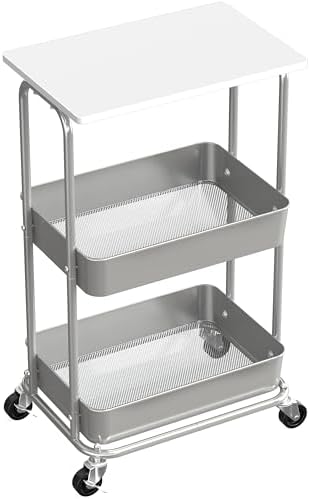 Simple Houseware 2-Tier Rolling Utility Cart Wood Top/Lockable Wheel, White by SimpleHouseware