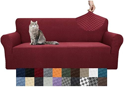 YEMYHOM Couch Cover Latest Jacquard Design High Stretch Sofa Covers for 3 Cushion Couch, Pet Dog Cat Proof Slipcover Non Slip Magic Elastic Furniture Protector (Sofa, Christmas Wine Red) by YEMYHOM