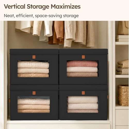 Homsorout Storage Bins with Lids - Front Opening Storage Box with Clear Window & Handles, Stackable Foldable Fabric Bins for Closet Organization, Clothes, Sweaters, Towels, Blankets, 3 Pack, Black - Image 5