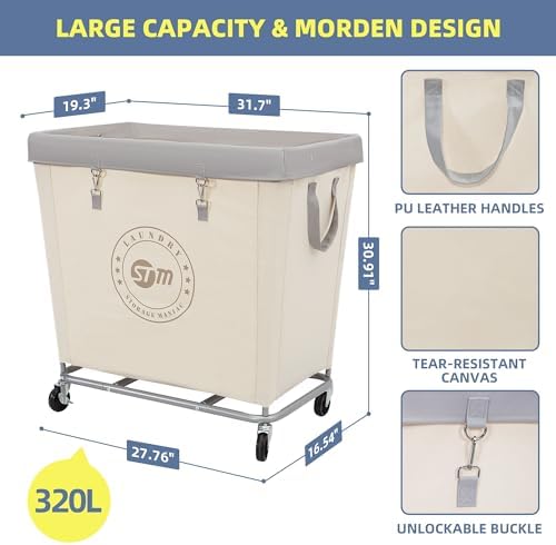 STORAGE MANIAC Commercial Laundry Hamper with Heavy Duty Steel Frame, 320 L Industrial Laundry Basket Cart with Wheels for Hotel, Home, Laundry Room, 31.7''L x 19.3''W x 30.91''H, Large Beige - Image 2