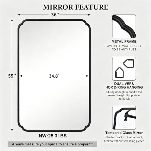 Ferytange Matte Black Bathroom Mirror 55×36 Inch, Large Rounded Rectangle Metal Framed Wall Mount Vanity Mirror, Farmhouse Decor, Anti‑Rust Tempered Glass, Hangs Horizontally or Vertically - Image 6