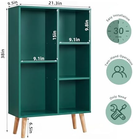 YAHARBO Small Dark Green Bookshelf,3 Tier Modern Kids Bookcase with Legs,5 Cube Wooden Bookshelves Storage Shelf,Book Shelves Organizer,Display Bookcases Cabinet for Room Nursery Study - Image 2