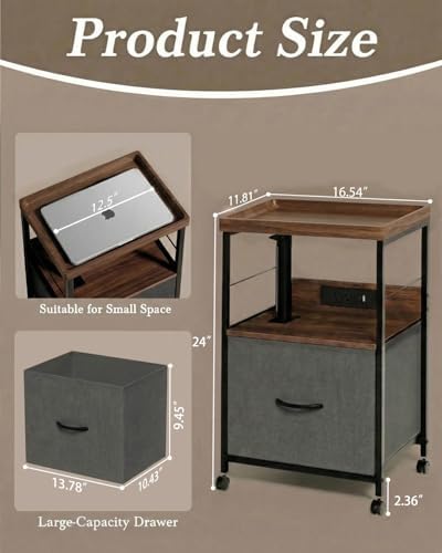 Faesun Swivel Lift Top Nightstand with Charging Station, Rolling Night Stand with Fabric Drawer, Adjustable Bedside Table for Bedroom, Living Room, Walnut Gray, Pro - Image 2