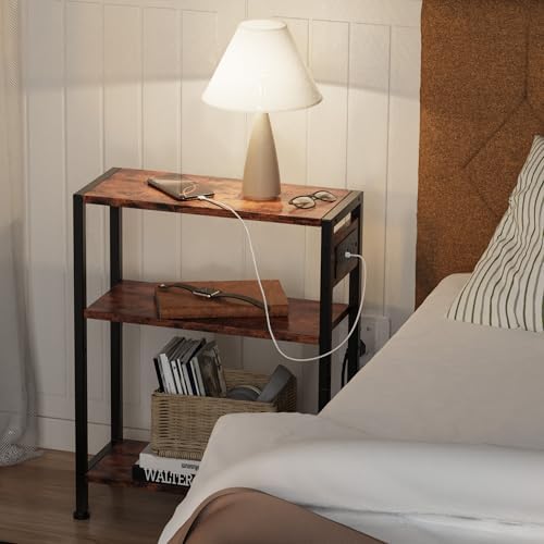 End Table with Charging Station, 3-Tier Side Table for Small Space, Skinny Nightstand with USB/Type C Port and 2 Outlets, Slim Beside Table for Living Room, Bedroom, Balcony, Rustic Brown - Image 5