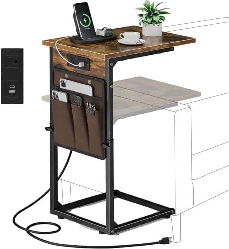 Vagusicc C Shaped End Table with Charging Station, Adjustable Height Side Table for Couch, Small Sofa Table with Storage Bag, Slide Under Sofa TV Tray Snack Arm Tables for Living Room, Bedroom, Brown by Vagusicc