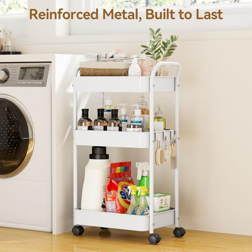 YASONIC 3-Tier Metal Rolling Cart Utility Carts with Wheels White - Image 2