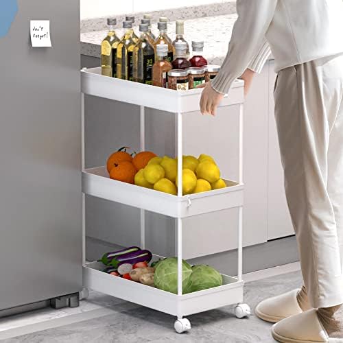 SPACELEAD 3 Tier Rolling Cart with Wheels, Storage Craft Art Trolley Organizer Serving, 3 Hanging Baskets Easy Assembly, for Office, Bathroom，Living Room, Kitchen, White - Image 5