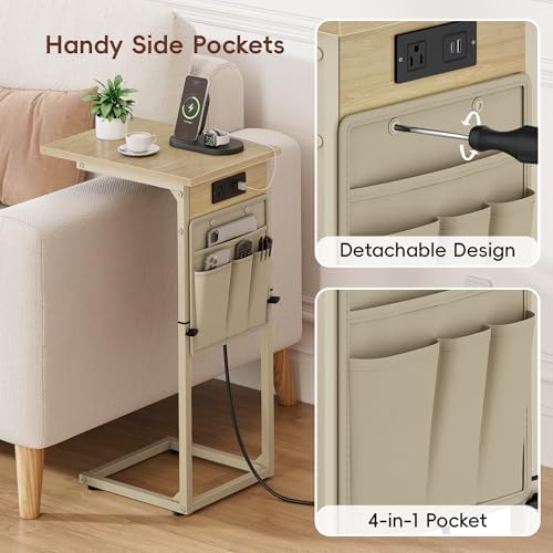 Vagusicc C Shaped End Table with Charging Station, Adjustable Height C Table End Table, Small Side Table for Couch, Couch Table Slide Under Sofa Table TV Tray Arm Table for Living Room,Bedroom,Natural - Image 6