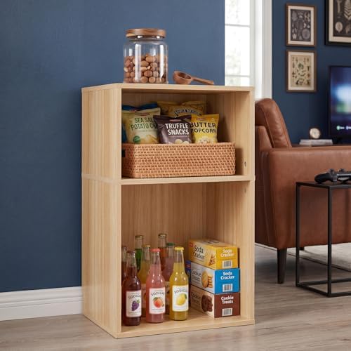 YAHARBO 2 Cube Bookshelf, Natural Record Player Stand with Vinyl Storage Up to 100 Albums, Horizontal Book Shelf, Small Cubby Bookcase with Storage Organizer, Turntable Stand for Living Room, Bedroom - Image 2