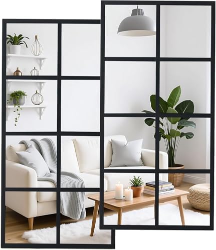 Simple Deluxe Window Pane Mirror 16" x 32", Rectangular Decorative Wall Mirror, Black Metal Frame Grid Mirror for Bathroom, Bedroom, Entryway, 2 Pack by SimpleDeluxe