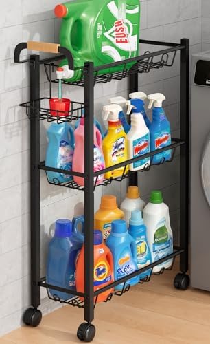 AOODA Laundry Room Cart with Top Detergent Holder, Metal Rolling Storage Cart Between Washer and Dryer, 3 Tier Narrow Laundry Room Organization and Storage with Wheels (Pure Black) by AOODA