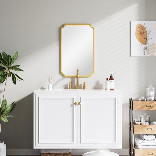 Ferytange 22x34 Inch Gold Bathroom Mirror, Metal Framed Wall Mirror with Rounded Edges, Rustproof Horizontal Vertical Hanging for Vanity Over Sink - Image 2