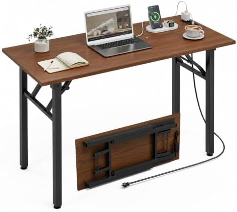 XBurmo Small Folding Desk Folding Table, No Assembly Foldable Desk Gaming Desk, 43.3-Inch Computer Table Workstation with 2 AC Outlets and 2 USB Ports for Bedroom and Home Office, Dark Walnut by XBurmo