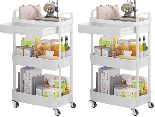 Calmootey 3-Tier Rolling Utility Cart with Drawer,Multifunctional Storage Organizer with Plastic Shelf & Metal Wheels,Storage Cart for Kitchen,Bathroom,Living Room,Office,White (Pack of 2) by Calmootey