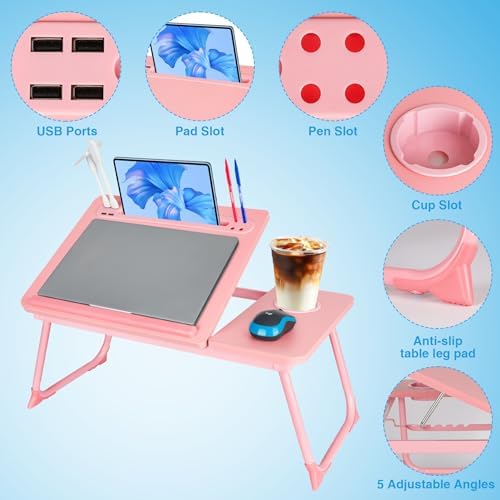 Laptop Bed Desk, Adjustable Lap Desk, Small Laptop Table with USB Charge Port, Desktop Card &Pen Slot, Cup Holder, Foldable Bed Tray Table for Couch Sofa Chair Floor Eating Working - Image 3
