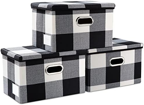 PRANDOM Collapsible Storage Bin with Lid [3-Pack] Fabric Foldable Storage Box Organizer Container Basket Cube with Cover for Home Bedroom Closet Office Nursery Black and White Grid(14.9x9.8x9.8) by Prandom