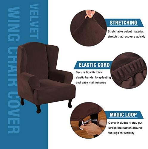 H.VERSAILTEX Wingback Chair Covers Velvet Plush Wing Chair Slipcover 1 Piece High Stretch Wing Back Chair Slipcovers Sofa Cover Furniture Cover with Elastic Bottom, Brown - Image 2