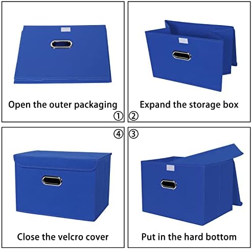 Linen Fabric Foldable Collapsible Storage Cube Bin Organizer Basket Fabric Storage Bins with Lid, Leather Handles, Removable Divider for Home, Closet, Dark Blue 3Pcs - Image 6