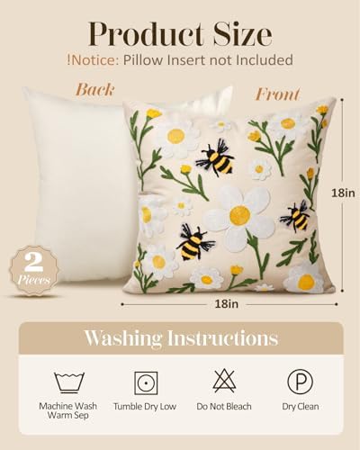 Embroidered Throw Pillow Covers 18x18 Inch, 2Pack, Flower Bee - Image 4