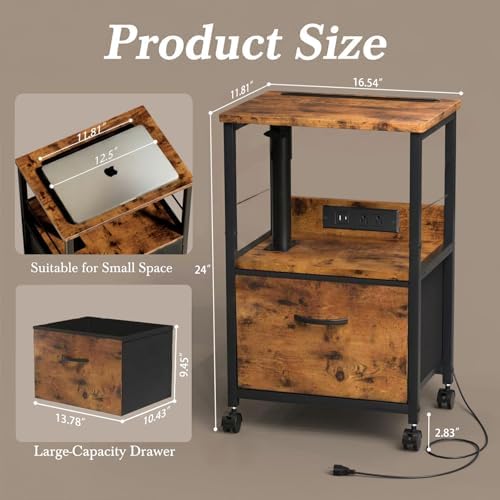 Faesun Swivel Lift Top Nightstand with Charging Station, Rolling Side Table for Recliner, Bedside Table with Wheels & a Fabric Drawer, for Small Spaces, for Bedroom, Living Room, Brown - Image 4