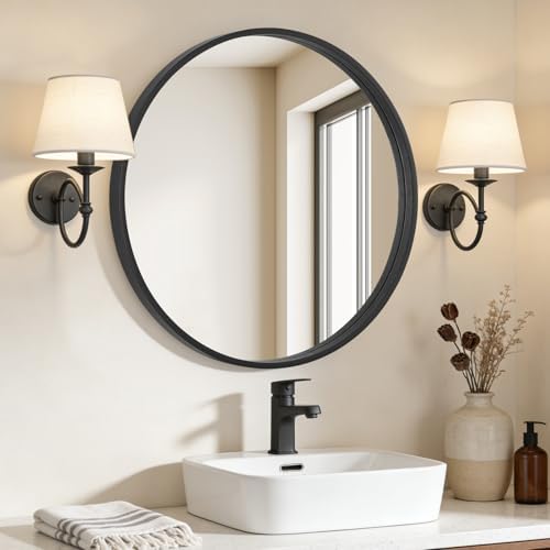 WallBeyond Black Round Mirror Wood Framed 28 inch Circle Wall Mirror for Bathroom Round Wall Mirror for Wall Decor, Vanity, Entryway Living Room - Image 2