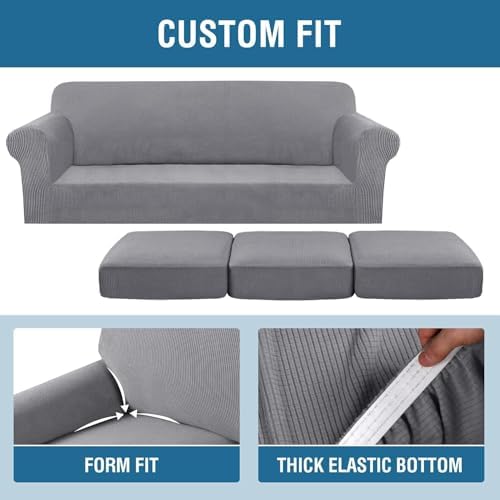 H.VERSAILTEX 4 Piece Stretch Sofa Covers for 3 Cushion Couch Covers for Living Room Furniture Slipcovers (Base Cover Plus 3 Seat Cushion Covers) Thicker Jacquard Fabric (Large Sofa, Dove) - Image 4