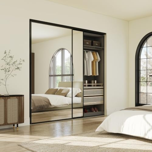 JUBEST 72x80 Mirrored Closet Door, 2-Panels Steel Frame Sliding Mirror Door Top & Bottom Track Kits, One Side Full-Sized Mirror with Safety Backing, Easy to Install, Black by JUBEST