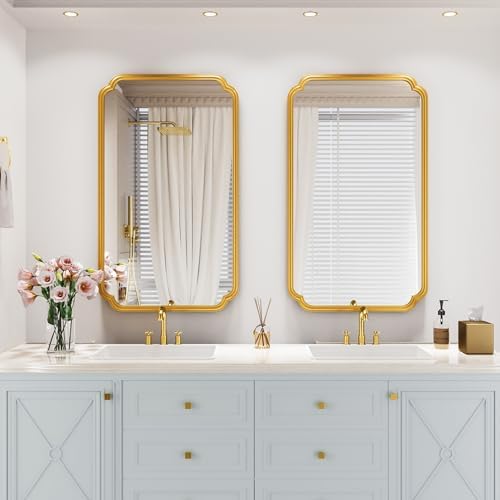 Ferytange 26"x40" Rustproof Bathroom Mirror Gold, Round Corner Metal Frame Wall Mirror, Horizontal/Vertical Hanging Over Sink, Bedroom Bathroom Decor - Image 2