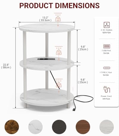 XBurmo Small Round End Table - 3 Tier Design Accent Table, Narrow Side or Bedside Stand, Industrial Vintage Table for Small Spaces, Built-in USB Ports and Power Outlet, Marble White - Image 2