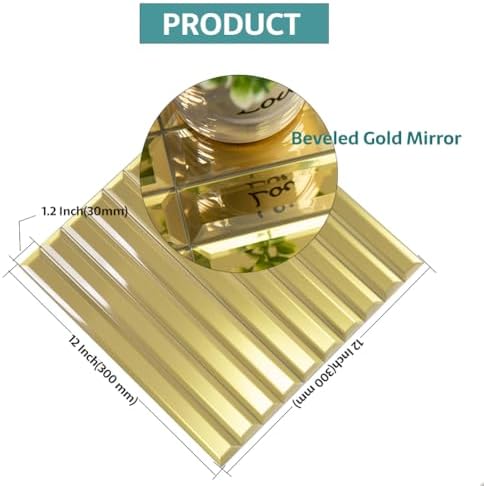 Gold Beveled Mirror Tile, 12x12 Inch Mirror Strip Backsplash Tiles for Kitchen Bathroom Shower Wall 5 Sheets - Image 3