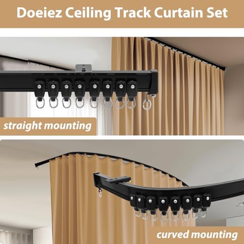 Room Divider Blackout Curtains Flexible Sliding Tracks Sets Ceiling Mounted Rod Window Curtain Privacy Separation for Bedroom Living Rooms,1 Panel Khaki Drape and Black Track Set-W108xH96 in - Image 3