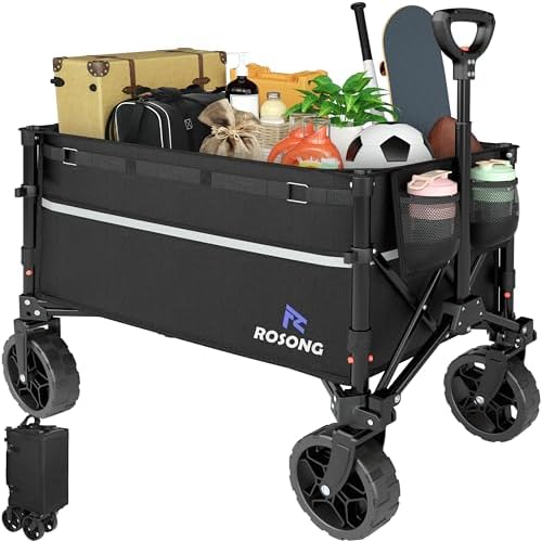 ROSONG Collapsible Wagon Cart with Wheels Foldable - Folding Utility Heavy Duty Wagons Carts for Grocery Sports Garden Shopping Camping Wheelbarrows (Black, 120L) by ROSONG