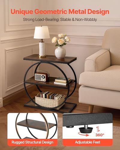 VEVOR End Table, 3-Tier Narrow Side Table with Open Storage Shelves, Modern Nightstand Bedside Desk with Round Metal Frame, Wood Sofa Coffee Desk for Living Room, Bedroom, Office, Rustic Brown - Image 6