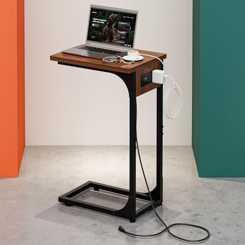 C-Shaped Side Table for Couch - Small Coffee Stand Sofa Tray Desk with Metal Frame Waterproof Scratch Resistant Wood Top and Built-in Charging Station, Rustic Walnut by RISWER