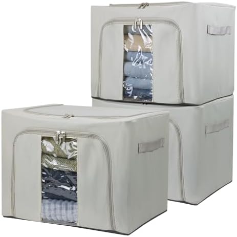 3PCS 36L Clothes Storage Bins with Metal Frame, Stackable Clothing Storage Boxes Containers with Lids, Foldable Oxford Fabric Clothes Organizer Bags Closet Organizers Organizing Bin for Sheet by Fordonral