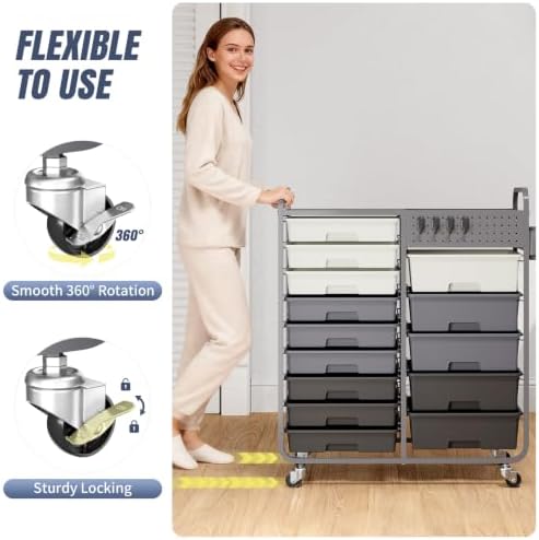 14 Drawer Rolling Storage Cart with Tabletop and Pegboard for Crafts Grey - Image 5