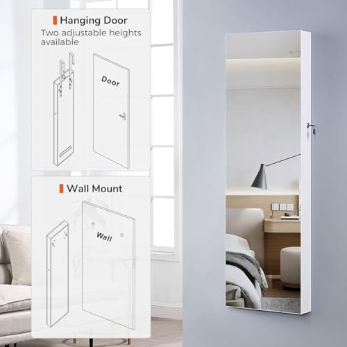 GISSAR Full Length Mirror Jewelry Cabinet, 6 LEDs Jewelry Armoire Wall Mounted Over The Door Hanging, Jewelry Organizer Storage with Lights Lockable, Bright White, 14.6" x 47.2" - Image 2