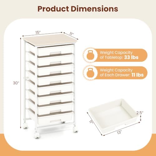 Giantex 8 Drawers Rolling Cart with Wheels, Wood Top, Sturdy Frame - Image 3