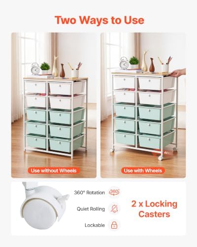 VEVOR Rolling Cart with Drawers, Double Row 10 Drawer Storage Organizer, Mobile Utility Cart, Wood Top, Steel Frame, Universal Casters & 2 Brakes, for Office, Classroom, Craft Room, Studio, Blue White - Image 3
