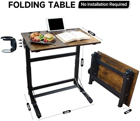 No Assembly Folding TV Tray Table C-Shaped Couch End Table with Cup Holder & Device Slots, Extra Wide Portable Laptop Desk for Eating, Working, Bed, Sofa, Rustic Wood - Image 2
