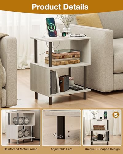 Frylr Side Table, Night Stand and End Table with Power Outlets and USB Ports, Strong Metal Frame, 44lb Capacity per Tier and Leveling Feet for Bedroom, Bedside, Living Room and Small Space, Greige - Image 5