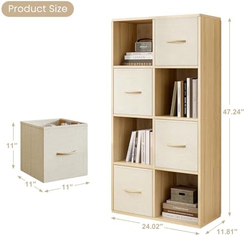 EXPERLAM 8 Cube Storage Organizer - Solid Wood Bookshelf with 4 Storage Bins, Cube Shelf with 2 Removable Back Panels, Vertical or Horizontal Bookcase, Open Book Shelf for Bedroom, Living Room, Office - Image 3