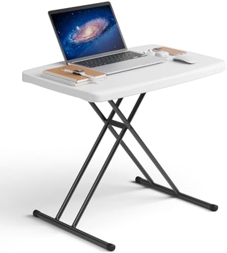 Folding Table 30 Inch - Small Desk Adjustable Height TV Tray for Laptop, Couch, Camping - Heavy Duty Utility Foldable Table for Small Spaces, No Assembly Required, White Granite by FoldingFurniture