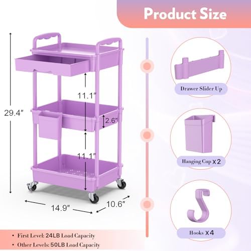 SUNALLY Makeup Cart Organizer with Drawer,3 Tier Rolling Makeup Cart,Purple - Image 2