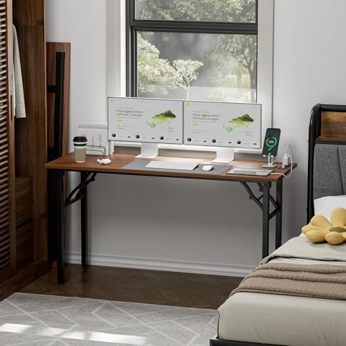 TEMI Long Computer Desk Folding Table - No Assembly, Compact 55.1" Foldable Desk with Power Outlets & USB Charging Port, Portable Lagre Office Desk, Ideal Large Study Table for Narrow Spaces, Walunt - Image 2