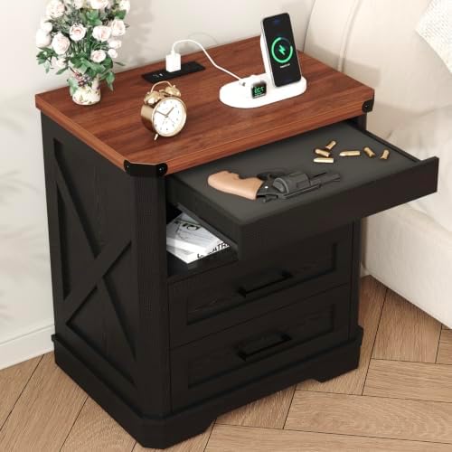 Yusong Farmhouse Night Stand with Gun Drawer & Invisible Lock, Rustic Wooden Night Stand with Charging Station, Beside Table with Drawers and Open Storage, End Tables for Bedroom, Black by Yusong