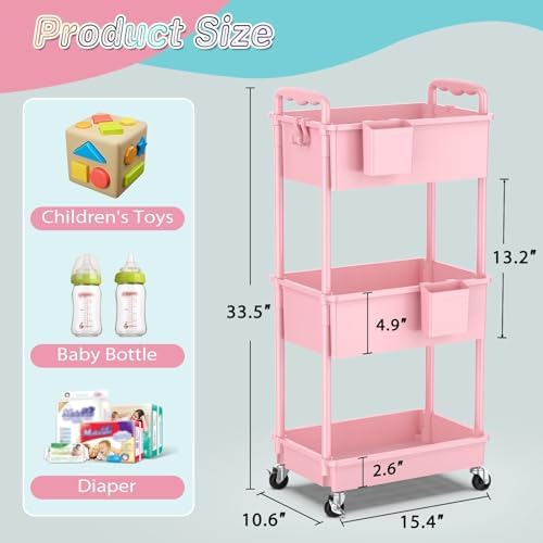 SUNALLY Baby Diaper Caddy Cart, 3 Tier Rolling Diaper Cart for Nursery,Pink - Image 2